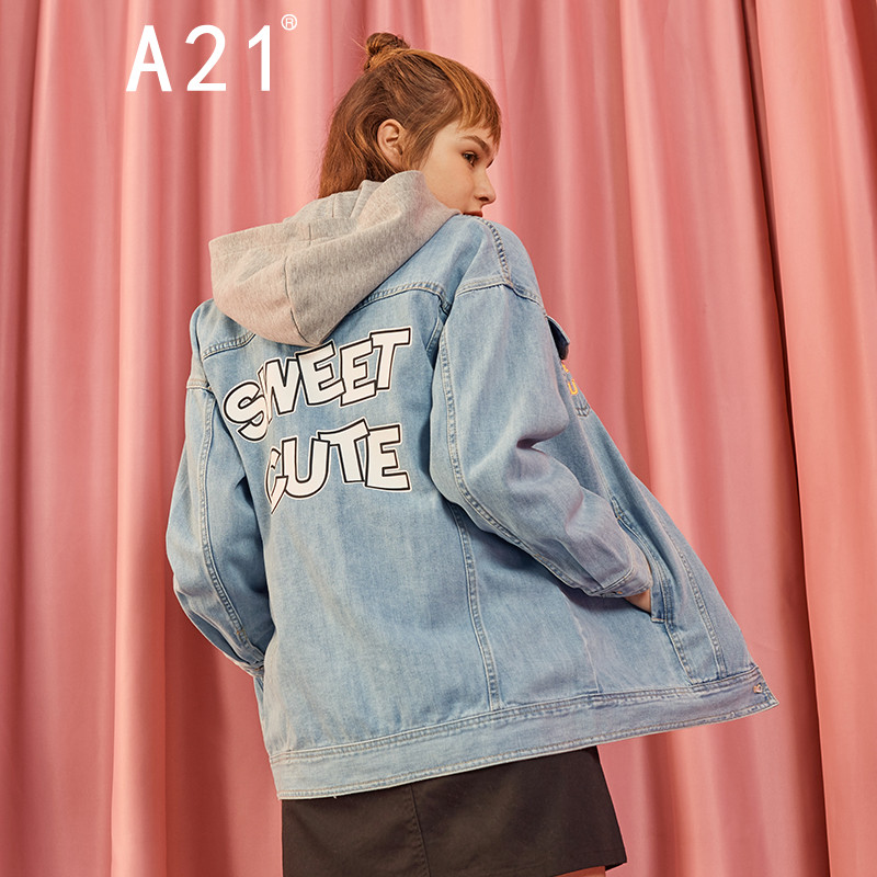A21以纯线上品牌2018春装新品纯棉牛仔夹克女休闲印花宽松外套女生4812110006 S 浅蓝