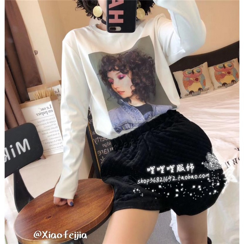 18款式2018早春新款圆领长袖加绒加厚白色棉T恤美女字母印花打底衫女装t 均码 卷发女孩