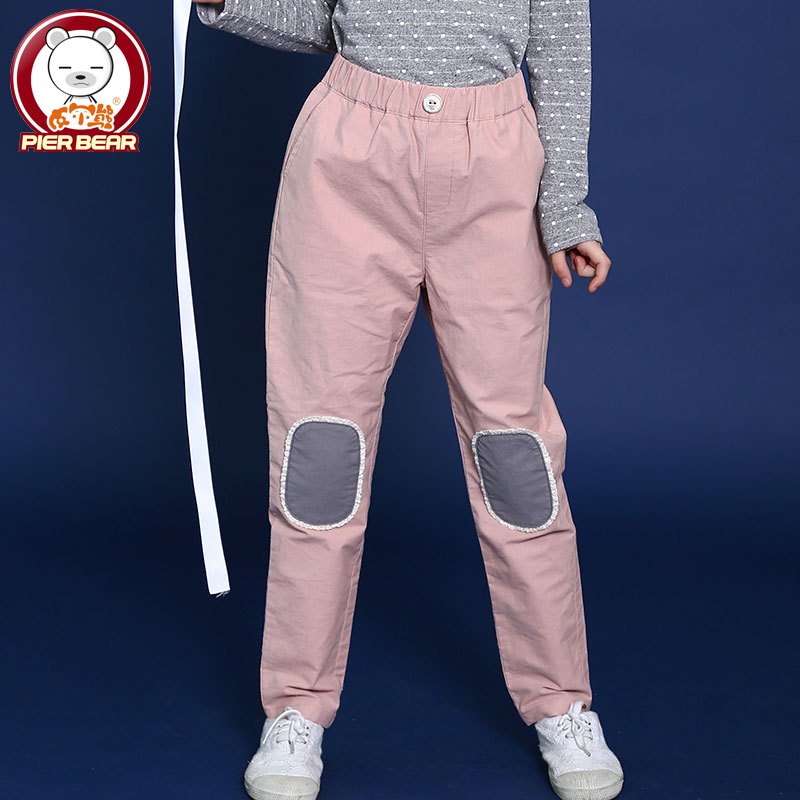 皮尔熊皮尔熊女童休闲裤春装长裤大童新款撞色童装儿童纯棉裤子韩版PBK2720 粉色 160cm