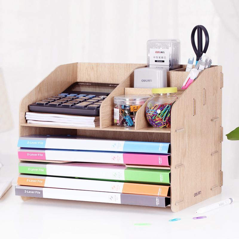 得力木质文件架收纳文件筐资料架书架栏办公用品桌面文具架子多层_3