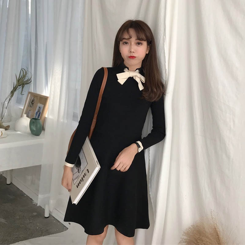 18款式春装新款女装韩版修身中长款蝴蝶结长袖针织连衣裙打底裙学生显瘦 均码 黑色