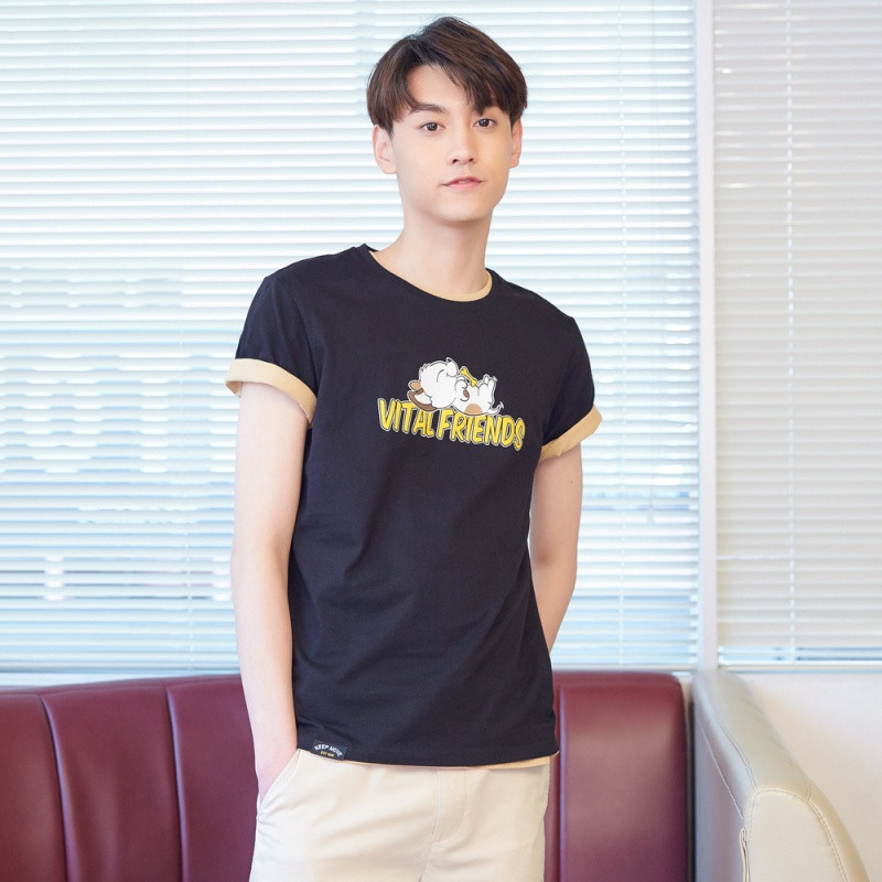 美特斯邦威短袖T恤男士2018夏季新款趣味卡通狗图案印花短袖T恤661301 170/92A 影黑