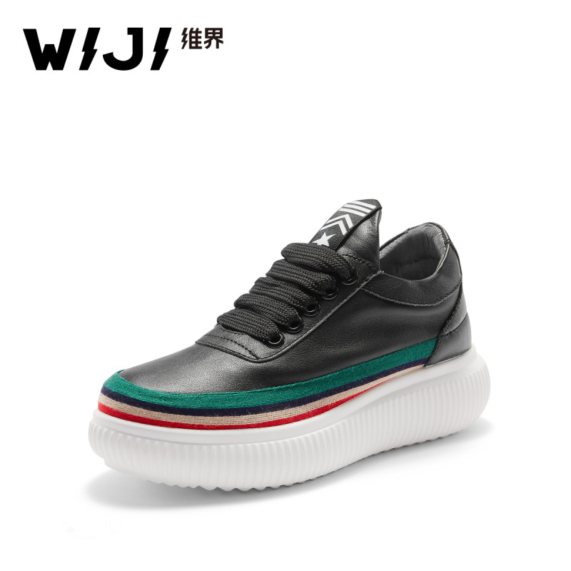 WIJI 春季时尚户外运动厚底平底系带低帮板鞋真皮拼色休闲女鞋潮_SJO68 黑色 37
