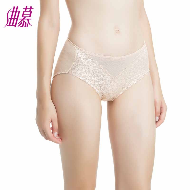 曲慕QuMu 提臀女士内裤健康舒适短裤 性感蕾丝边纯色中腰三角裤 N7816 L 肤色