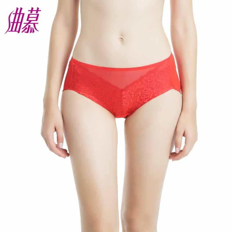 曲慕QuMu 提臀女士内裤健康舒适短裤 性感蕾丝边纯色中腰三角裤 N7816 L 大红