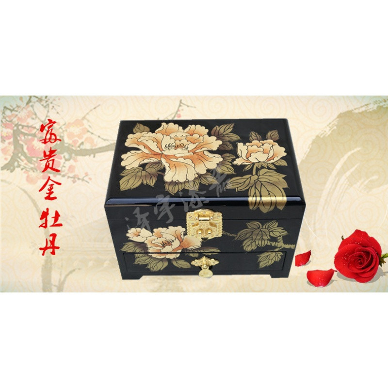 平遥推光漆器首饰盒木质复古带锁结婚收纳实木三层抽屉纯手工_1 黑色富贵金牡丹21堆鼓