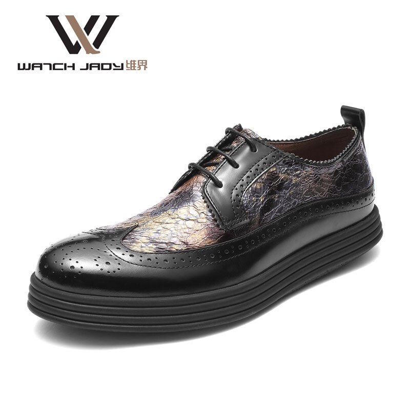 维界秒杀女神 百搭牛皮布洛克商务休闲鞋 黑金 38