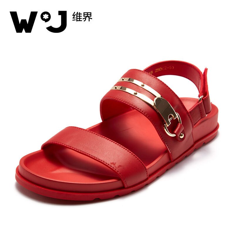 维界闪耀时尚金属横带牛皮凉鞋 红色 38