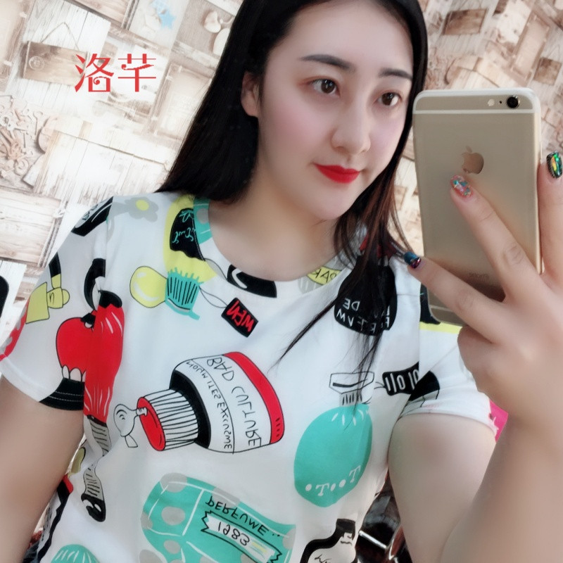洛芊大码女装2018春季新款韩版印花复古社会港味网红T恤女 6XL（190斤-220斤） 花色