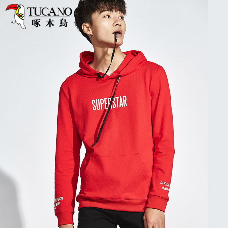 啄木鸟(TUCANO)卫衣男连帽春季新款韩版宽松套头学生装青少年男外套 ZM7003 XXL 红色