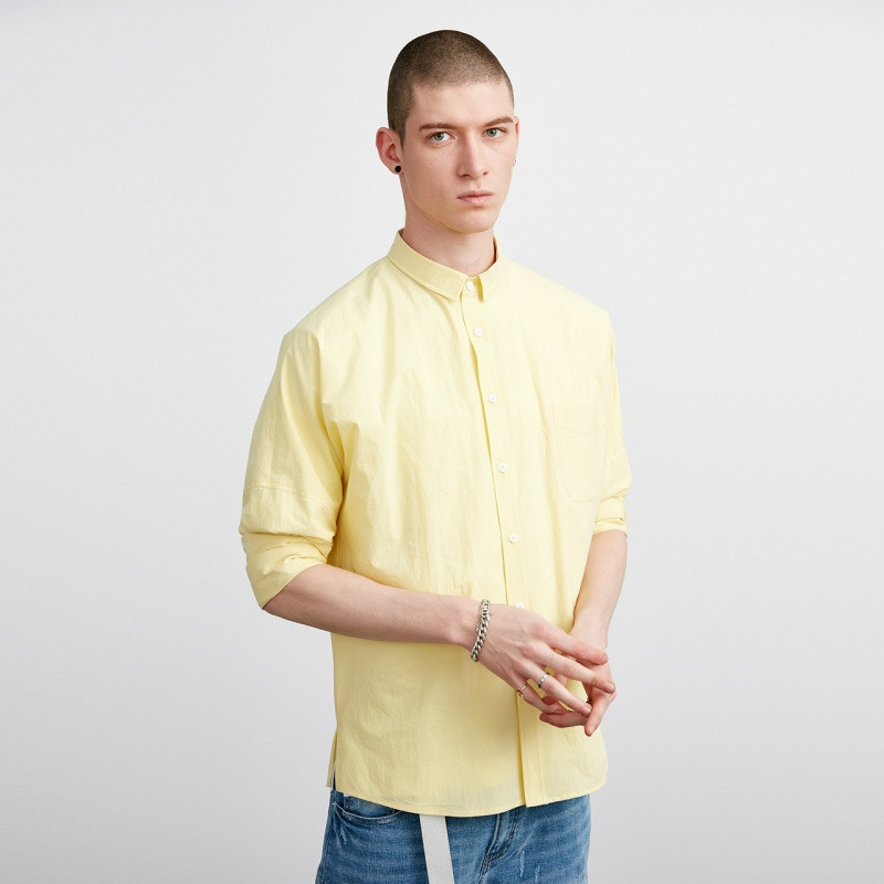 Lilbetter衬衫男春季新款时尚潮流寸衫休闲帅气bf风男士长袖衬衣9181008912 黄色 170/M