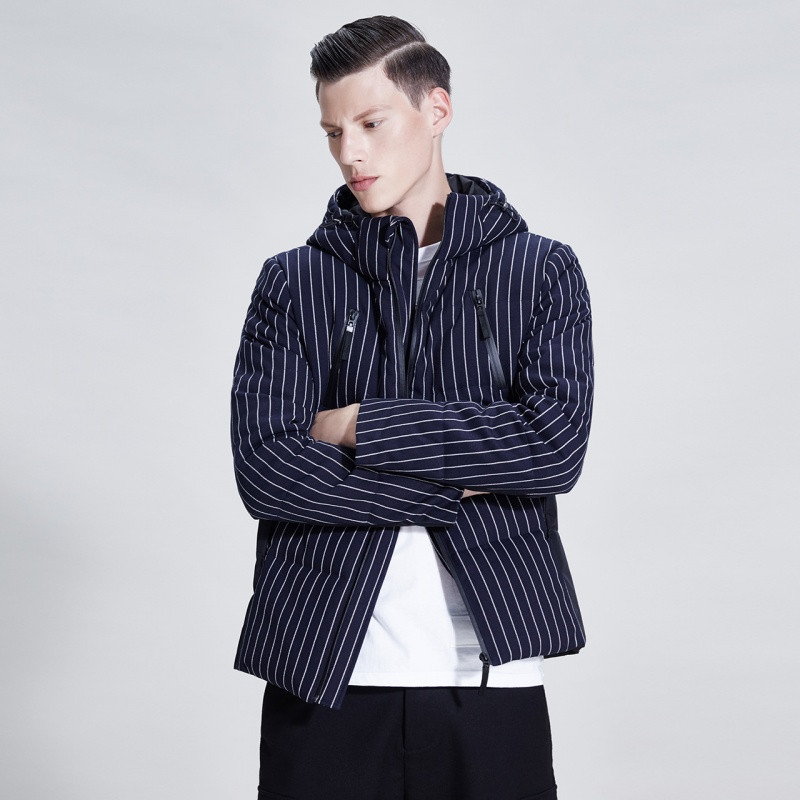 lilbetter男士棉服条纹拼接撞色连帽棉袄时尚潮流保暖棉衣短款男-9164753204 蓝色 185/XXL