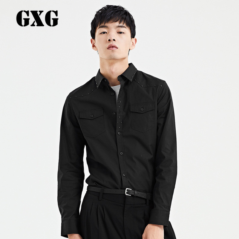GXG男装春季时尚潮流男士黑色修身休闲长袖衬衫_1_1 默认尺寸 默认颜色
