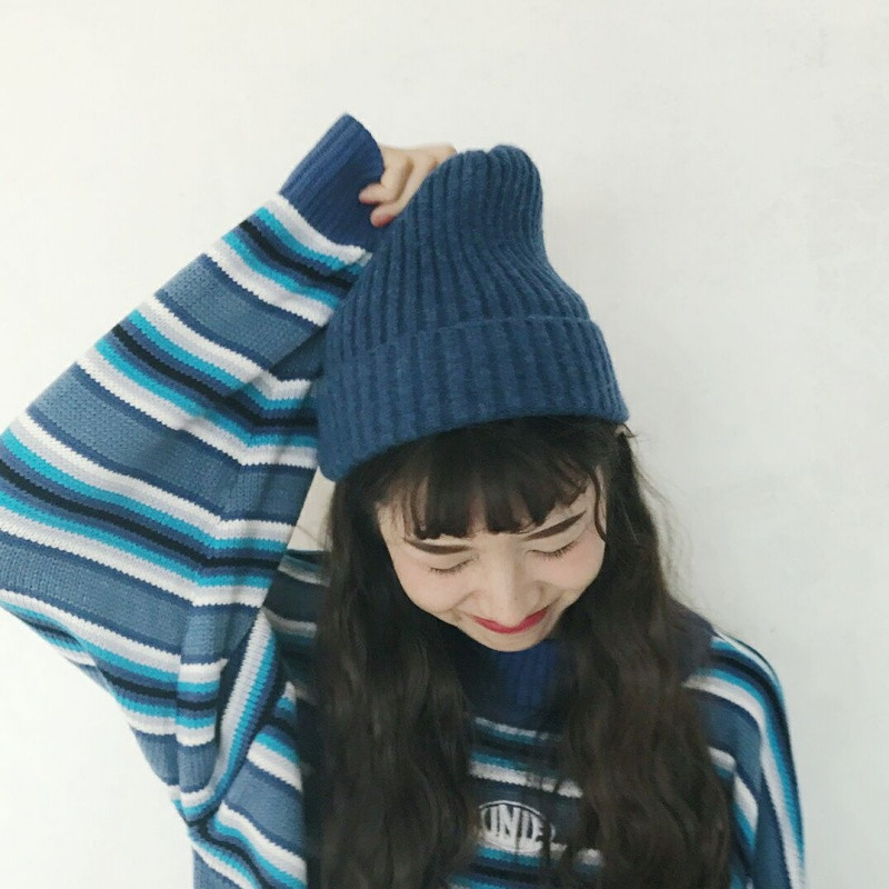 18款式李宛真同款软糯厚实百搭浅灰色兔绒包芯纱坑条卷边针织帽子尖尖帽 百搭雾蓝色