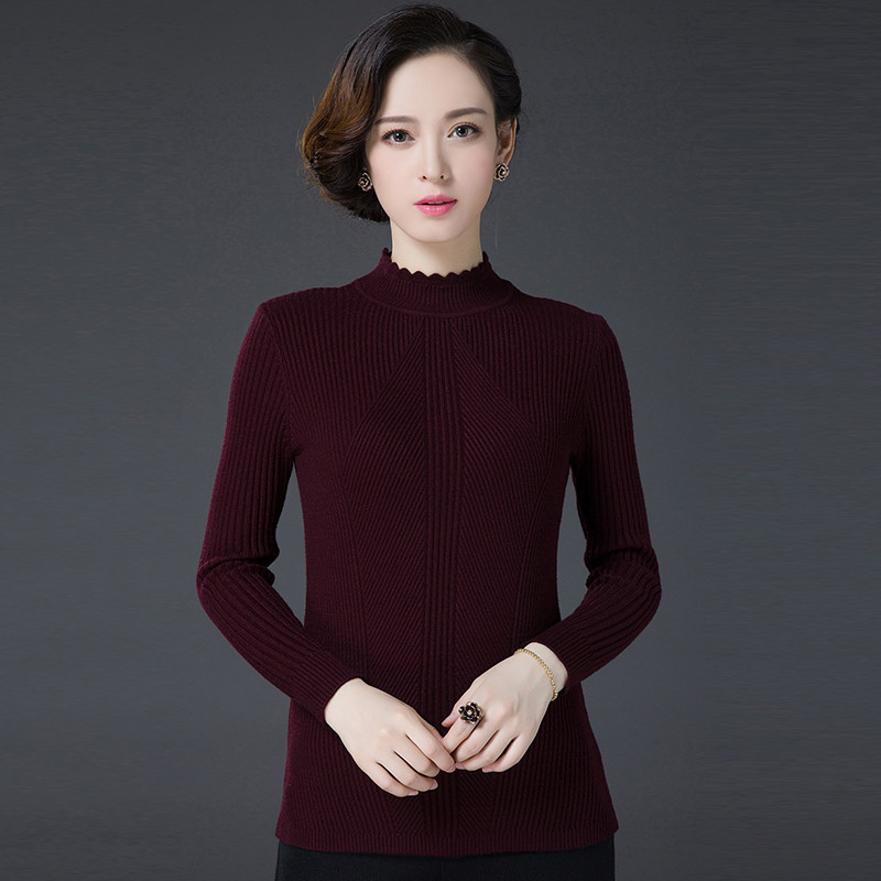 18款式2018新款秋冬木耳边半高领羊绒衫女套头毛衣修身加厚羊毛打底衫 XL 紫红色