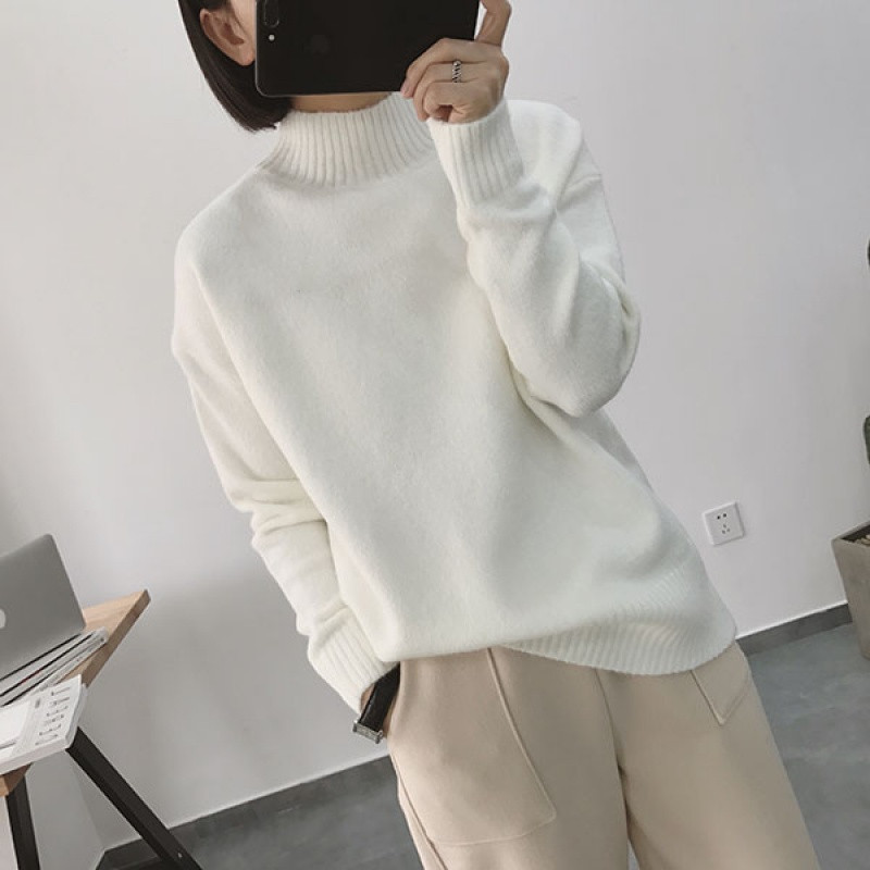 18款式半高领打底毛衣女套头秋冬2018新款女装韩版宽松长袖百搭针织衫 均码 白色