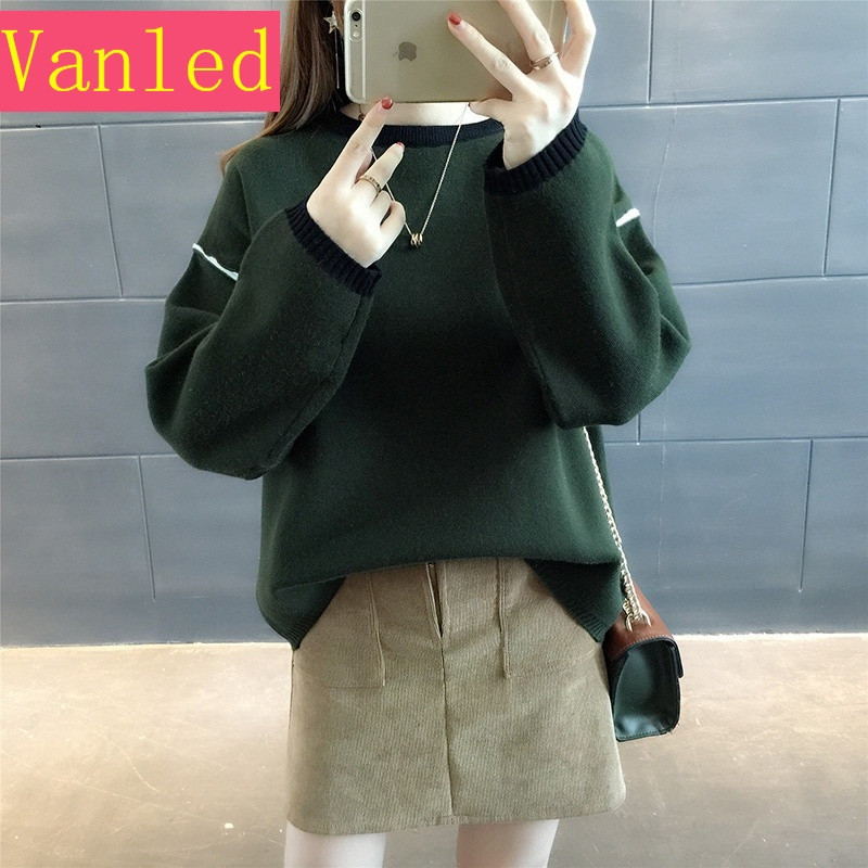 秋冬新款韩版宽松圆领套头毛衣女短款长袖大码针织衫学生时尚上衣_3 均码 军绿