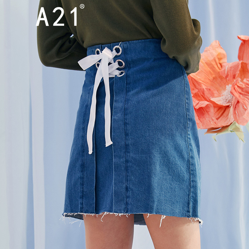 A21以纯线上品牌2018春装新品纯棉牛仔短裙绑带小清新女生A字裙女4812024000 160/68A/M 浅中蓝