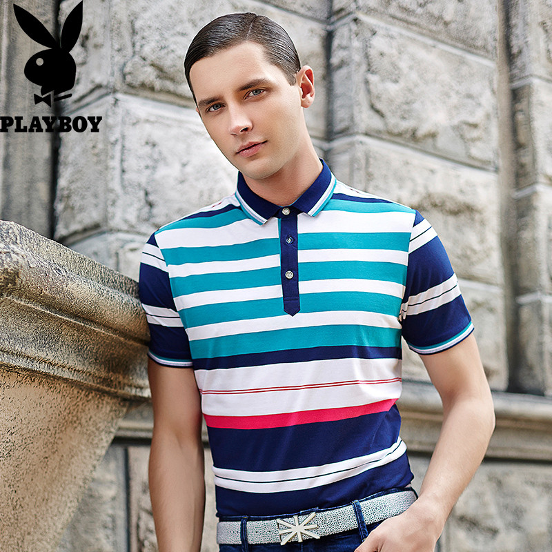 纯棉花花公子polo衫T恤短袖男夏季英伦条纹修身短袖T恤翻领青年 190/XXXL/56 蓝条