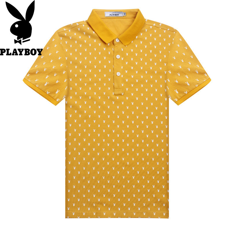 花花公子男士小方领T恤上衣夏季新款时尚潮流休闲男士上衣短袖装_1 46/165/S 黄色