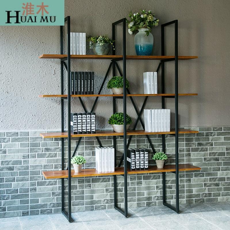 淮木（HUAIMU）创意书架客厅落地收纳置物架简约现代储物层架铁艺展示架四支架四层实木板2_9 三支架四层实木板140*30*180