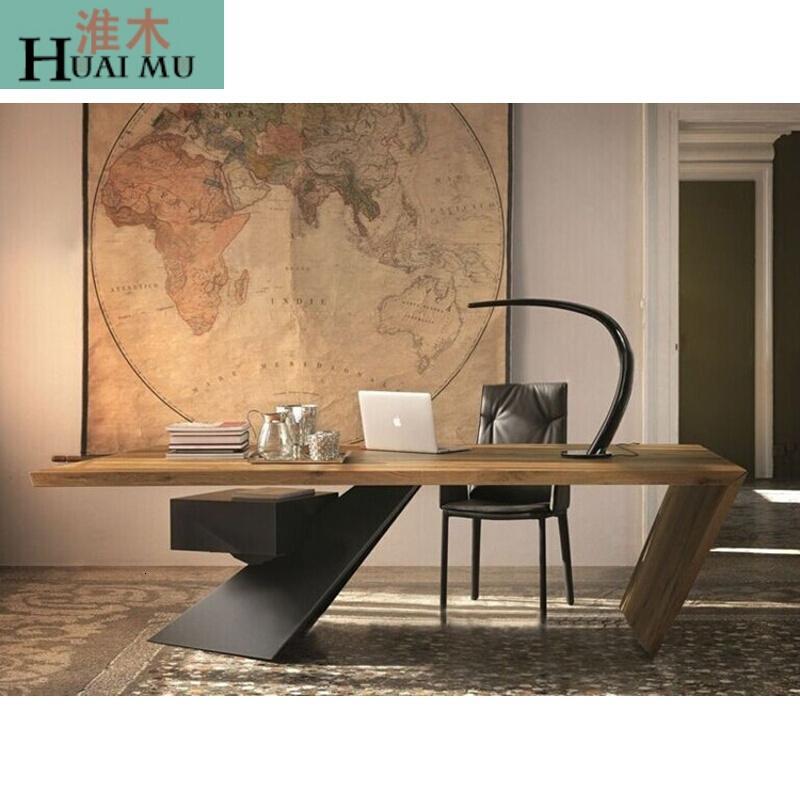 淮木（HUAIMU）工作台老板桌简约现公家具美式铁艺实木电脑桌办公桌书桌160*70*75_3 120*60*75厚度8cm