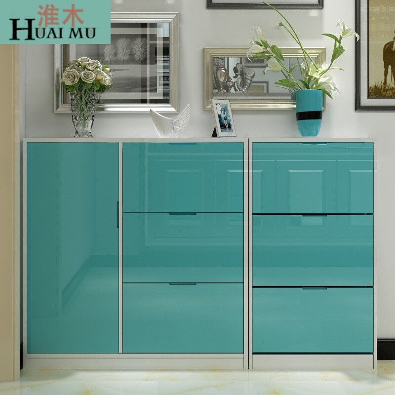 淮木（HUAIMU)钢琴烤漆鞋架白色蓝色三翻斗鞋柜100cm白色宽20组装 60cm蓝色宽17