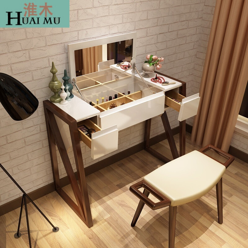 淮木（HUAIMU）北欧实木梳妆台简约卧室水曲柳翻盖储物小户型化妆台妆台+妆凳组装 妆台