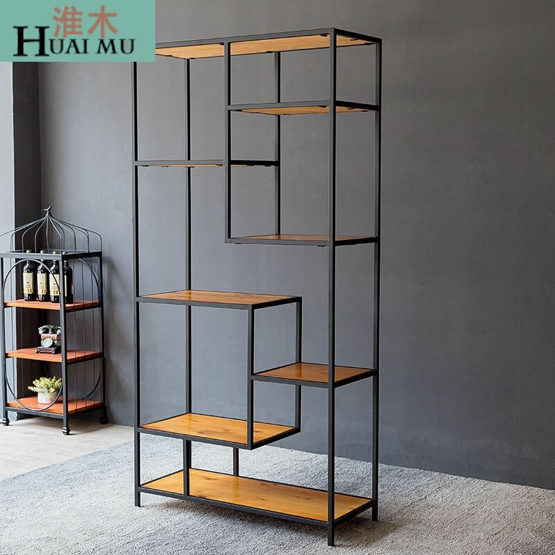 淮木（HUAIMU）美式做旧书架书柜铁艺隔板实木置物架复古工业风展示架落地储物架120*3 款式一60*30*160