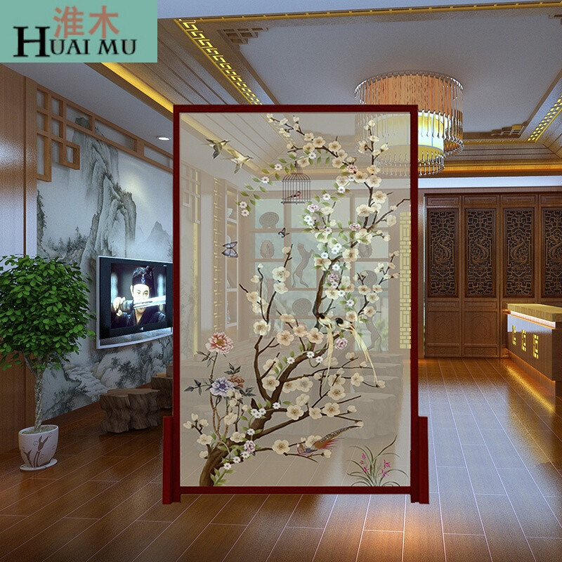 淮木（HUAIMU）现代中式屏风家具住宅办公玄关隔断花鸟实木座屏透明纱质插屏120*180 100*180CM(实木)