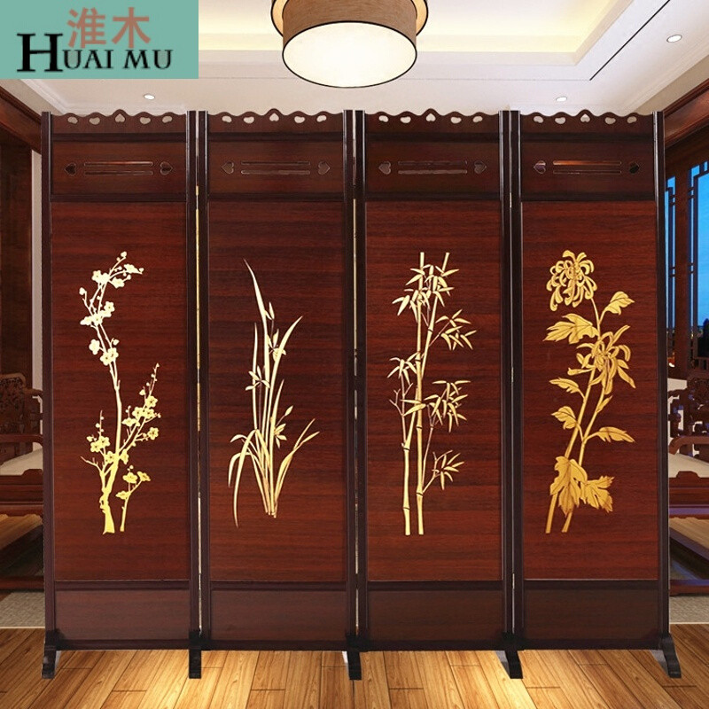 淮木（HUAIMU）屏风隔断折屏中式实木移动折叠客厅卧室房间玄关屏风实木底座 银箔金玉满堂