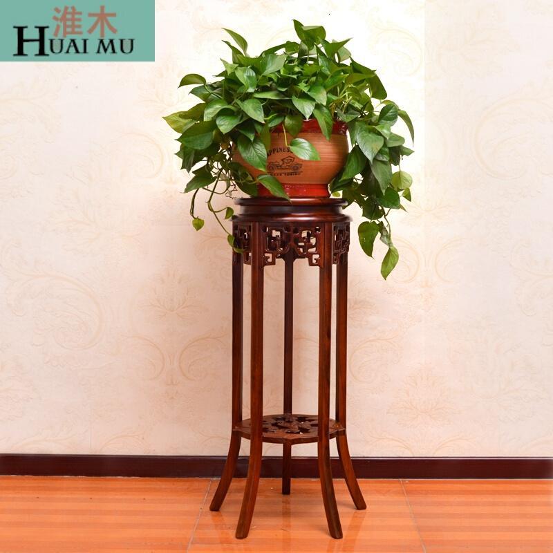 淮木（HUAIMU）花架实木雕花木质吊篮绿萝吊兰花盆架阳台木质多层老榆木花架_7 面25*高90原木色