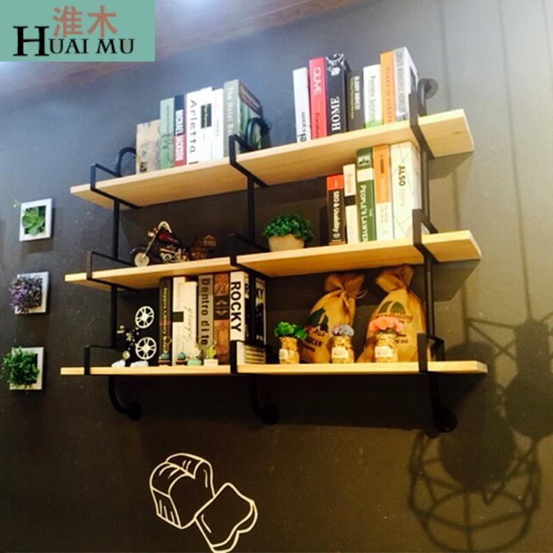 淮木（HUAIMU）创意墙上书架铁艺置物架一字隔板实木层板壁柜墙面壁挂墙壁搁板架_0 三层长60cm