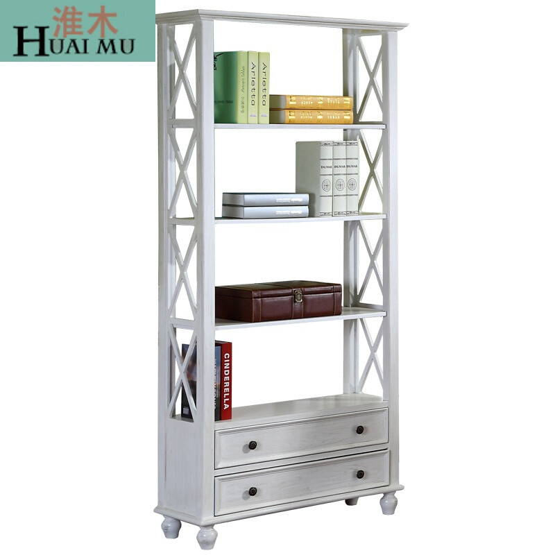 淮木（HUAIMU）家具复古彩绘美式实木置物架书架书柜多层花架落地储物架 仿古白/1.8米高