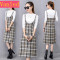 2017初秋季新款女装韩版春背带连衣裙气质名媛两件套装a字裙子潮_1 L 棕格子+白色