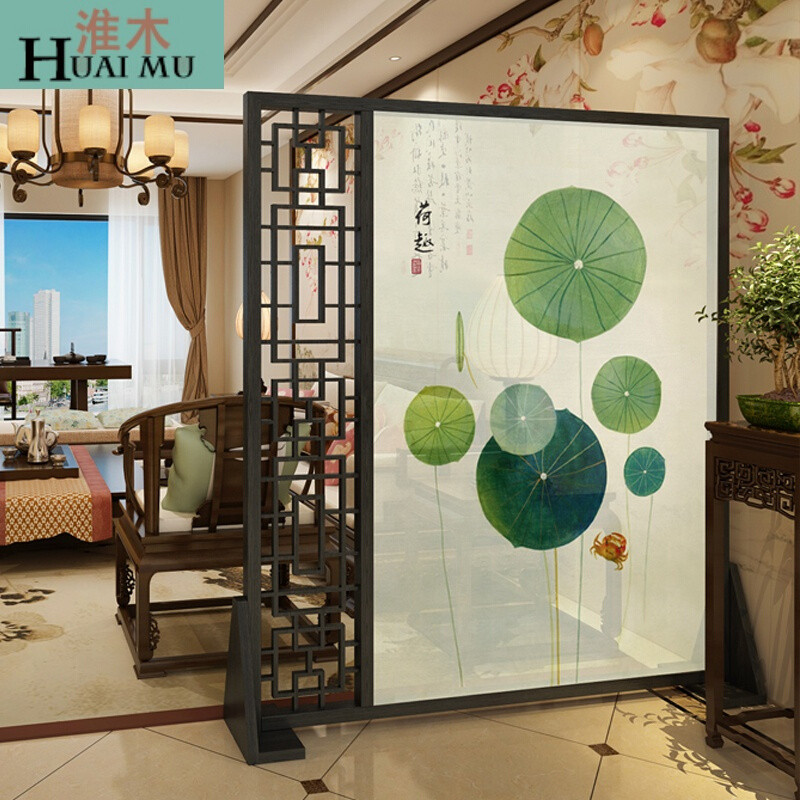 淮木（HUAIMU）中式屏风隔断玄关客厅半透明纱时尚简约办公室餐厅实木座屏莲趣北美橡木18 胡桃木180*180cm右镂空
