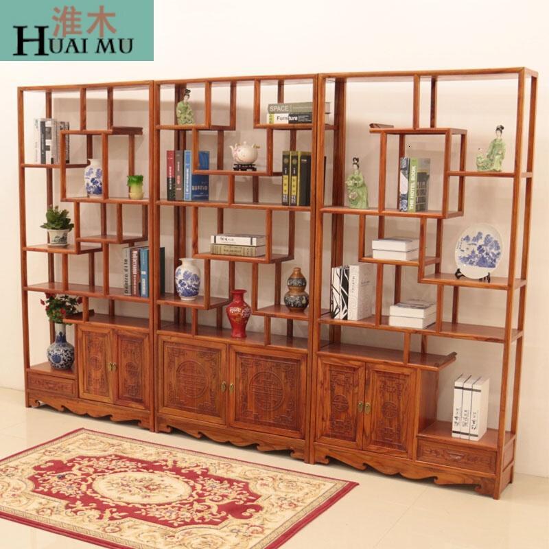 淮木（HUAIMU）博古架实木中式多宝阁仿古客厅置物架古董架展示架榆木茶叶陈列架三组合+木_9 右边单个+木架包装