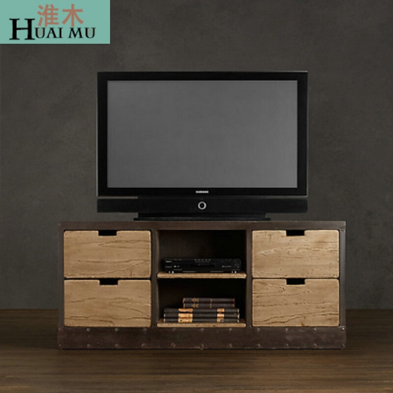 淮木（HUAIMU）北欧美式工业风铁艺复古隔断实木置物架客厅落地创意书架 电视柜(100*40*60)