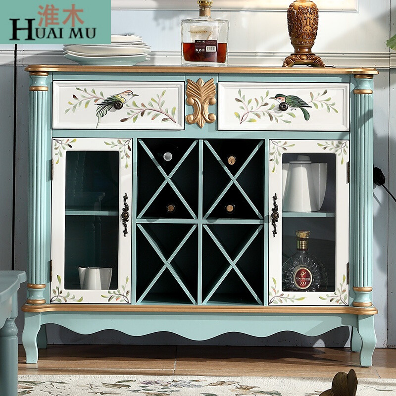 淮木（HUAIMU）乡村家具复古彩绘美式餐边柜实木储物柜客厅隔断柜子玄关酒柜原木色双 浅蓝色下座