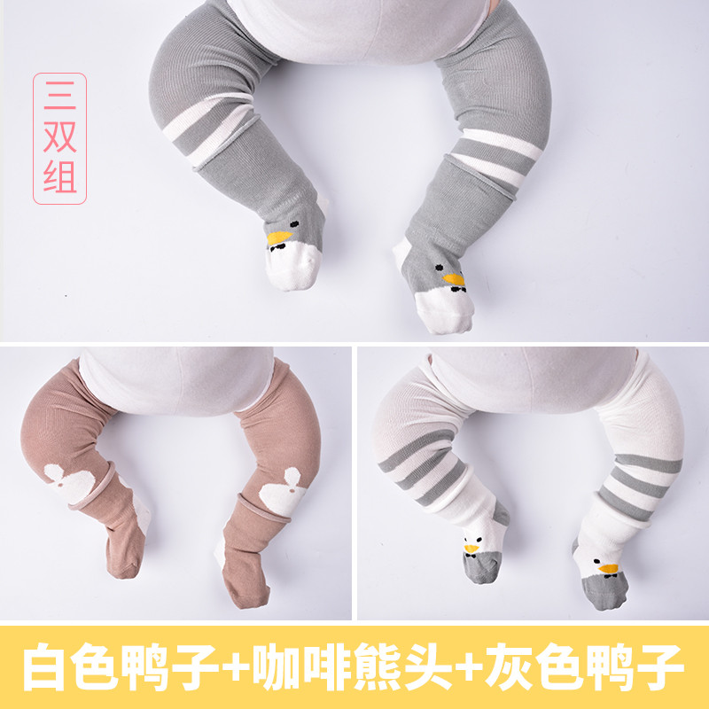 3双装婴儿袜子春秋新生儿0-3个月6全棉宝宝长筒袜过膝儿童薄款护腿袜套 0-3个月/XS码 白色鸭+咖啡熊+灰色鸭