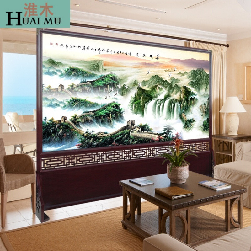 淮木（HUAIMU）屏风隔断玄关有机玻璃实木边框办公室复古中式座屏雕花落地2米*1.8米深 0.8米*1.8米深红色边框款