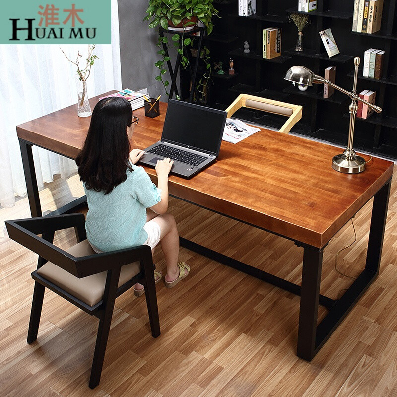 淮木（HUAIMU）美式复古铁艺实木书桌餐桌防锈做旧办公桌写字台loft会议桌电脑桌 160*70*75木板8公分