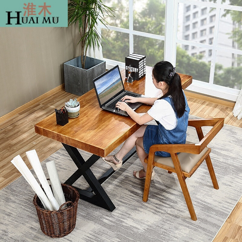 淮木（HUAIMU）美式复古铁艺电脑桌实木书桌防锈做旧餐桌loft会议桌办公桌写字台 140*70*75桌面8cm