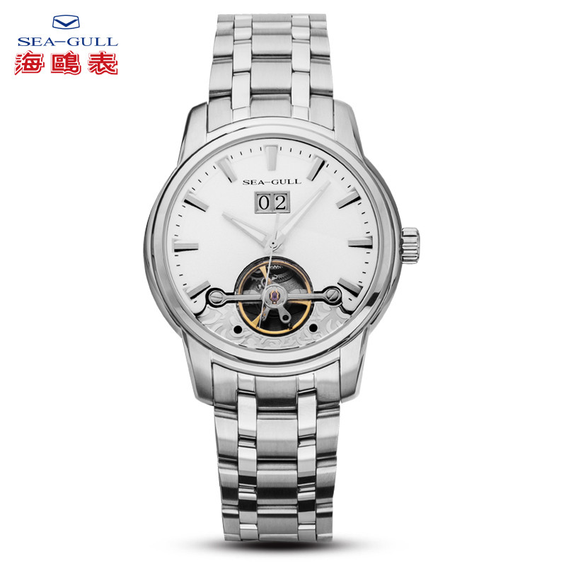 海鸥表(SEA-GULL)男士手表商务镂空自动机械表简约防水钢带飞轮男表816.409 白盘钢带