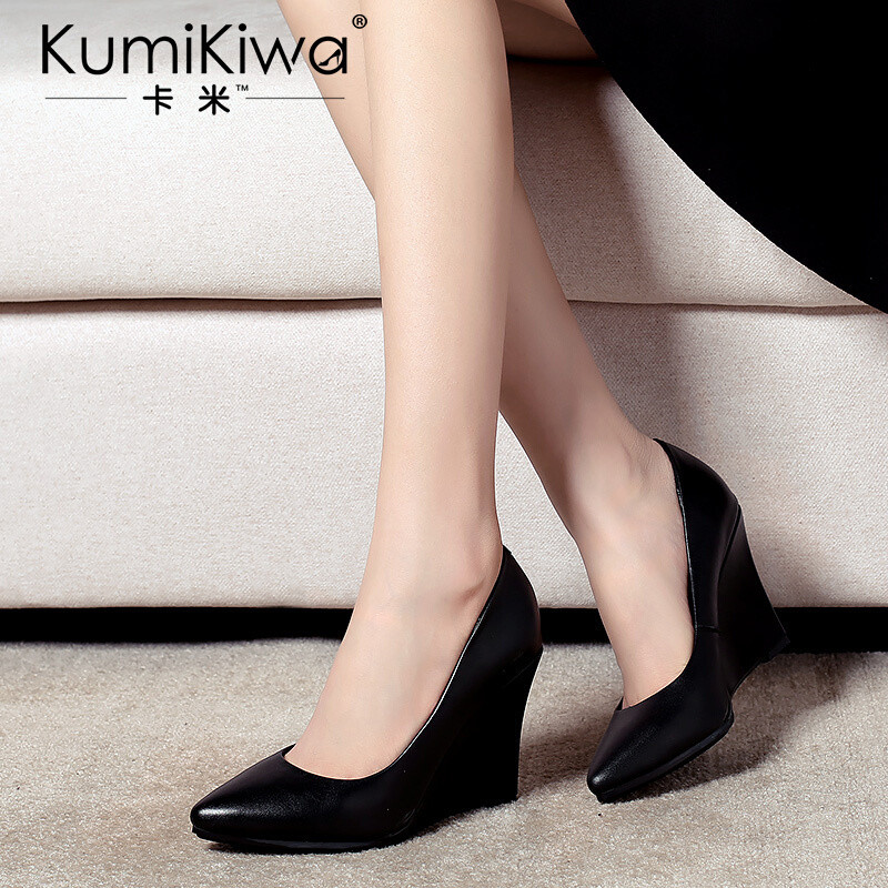 KumiKiwa欧美新款单鞋时尚尖头浅口坡跟超高跟女鞋子 黑色 39 黑色 34