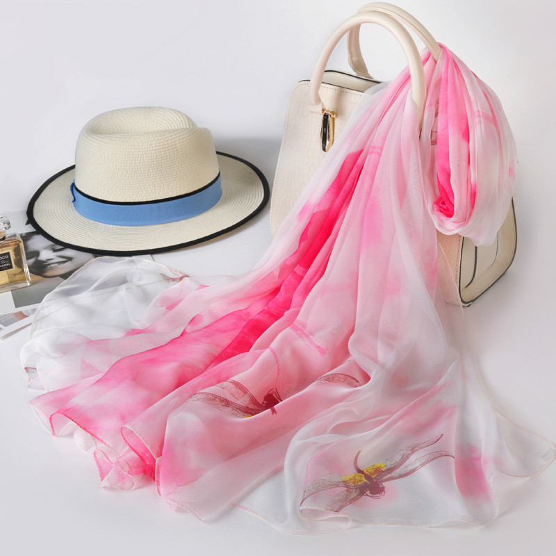 雪纺印花超大丝巾 若烟蜓舞玫红