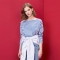 初语2018春季新款休闲条纹长袖T恤女宽松蝙蝠袖品牌女体恤上衣 XS 蓝白条