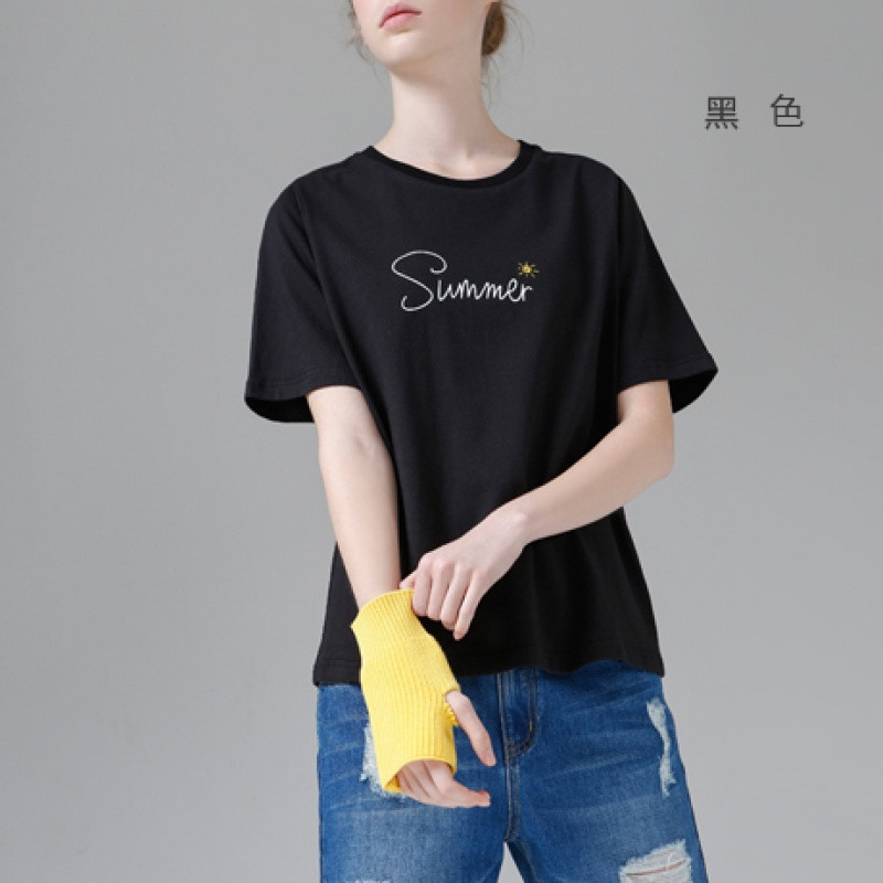 初语女夏装2018新款黑色圆领字母印花刺绣短袖T恤女宽松体恤女潮_1 XXL 黑色