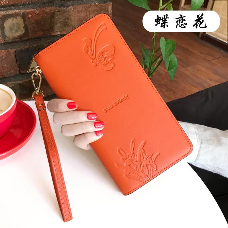 新款时尚欧美女士钱包多功能皮长款拉链皮夹大容量手拿包 橙色【蝶恋花】