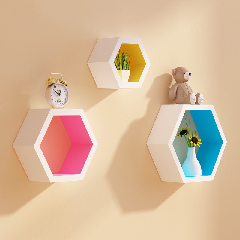 墙上置物架客厅电视背景墙面装饰架隔板壁挂影视墙柜创意格子搁板_12 外白内彩色
